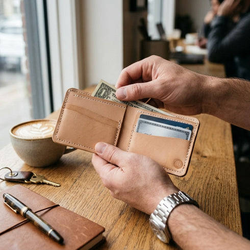 Full Grain Leather Bifold Wallet — Natural Tooling