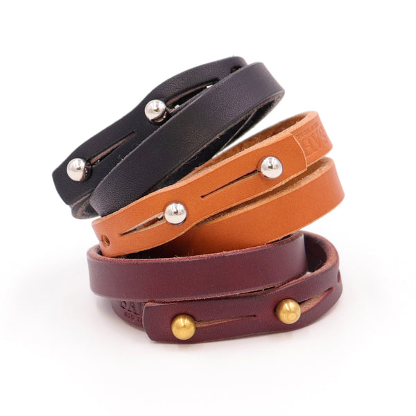 Double Wrap Cuff in Burgundy vegetableātanned leather with brass studs ā premium leather wrap bracelet