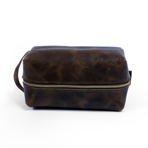 Toiletry Bag in Brown Nut full‑grain leather – stylish leather travel pouch